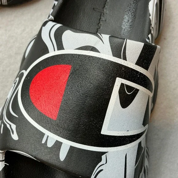 Champion IPO Warped Slides Black White Marble Swirl Sandals Mens Size 13 - Picture 6 of 14